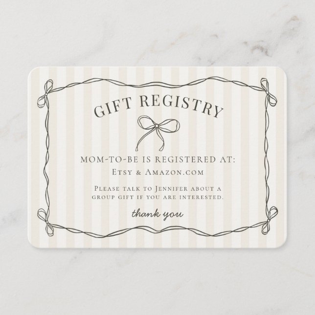 Black Coquette Bow Beige Baby Dusche Registrierung Begleitkarte (Vorderseite)
