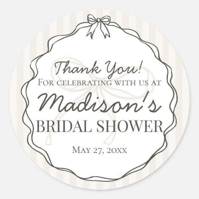 Black Coquette Bow Beige Brautparty Gefallen Runder Aufkleber (Vorderseite)