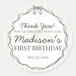 Black Coquette Bow Beige Streifen Geburtstagsgunst Runder Aufkleber