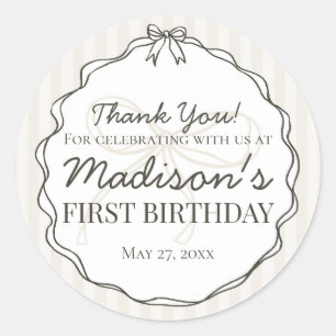 Black Coquette Bow Beige Streifen Geburtstagsgunst Runder Aufkleber