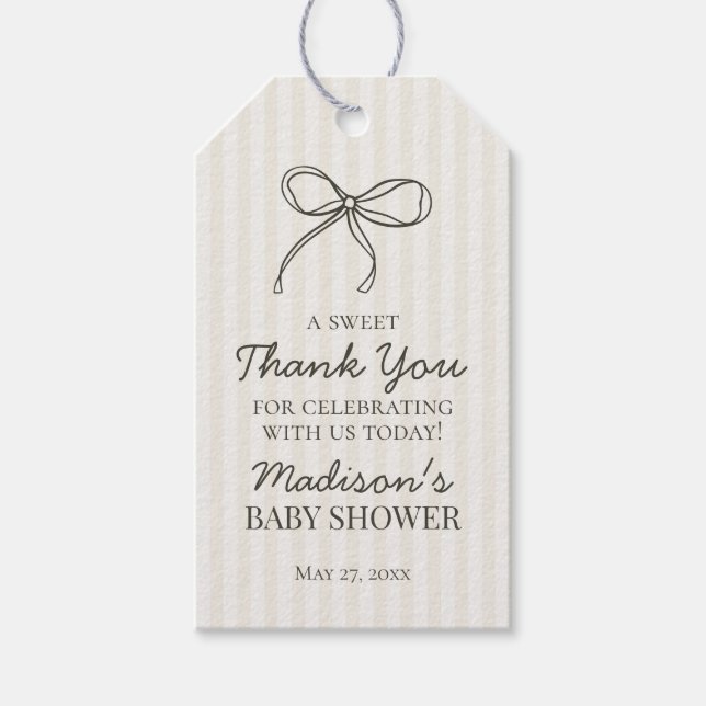Black Coquette Bow Beige Stripe Baby Dusche Gefall Geschenkanhänger (Vorderseite)