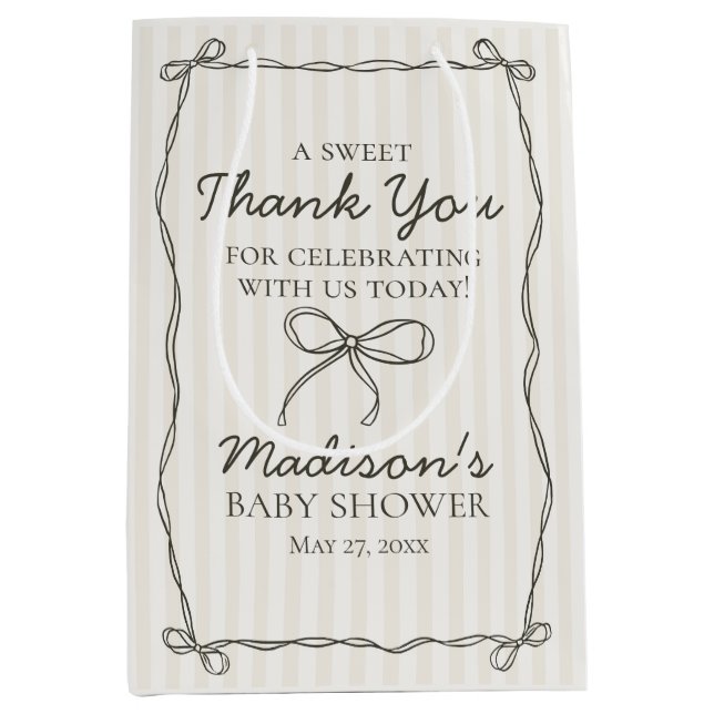 Black Coquette Bow Beige Stripe Baby Dusche Gefall Mittlere Geschenktüte (Vorderseite)