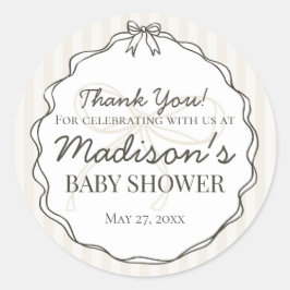 Black Coquette Bow Beige Stripe Baby Dusche Gefall Runder Aufkleber