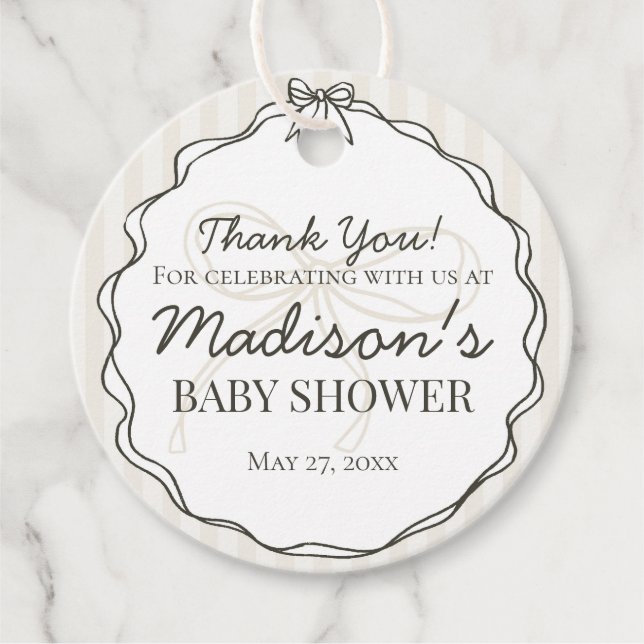 Black Coquette Bow Beige Stripte Babydusche Geschenkanhänger (Vorderseite)