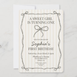 Black Coquette Bow Beige Stripte Geburtstagsparty Einladung