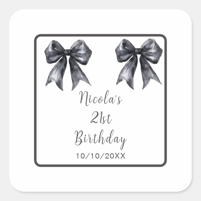 Black Coquette Bow Birthday Party Quadratischer Aufkleber (Vorderseite)