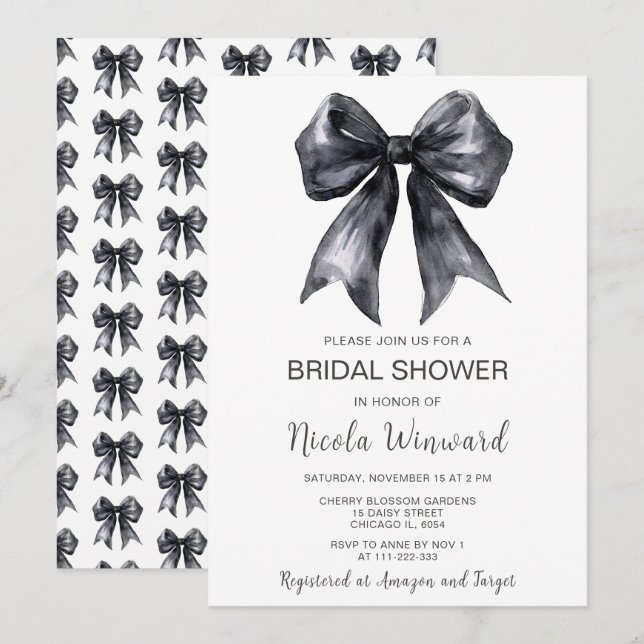 Black Coquette Bow Brautparty Einladung (Vorne/Hinten)