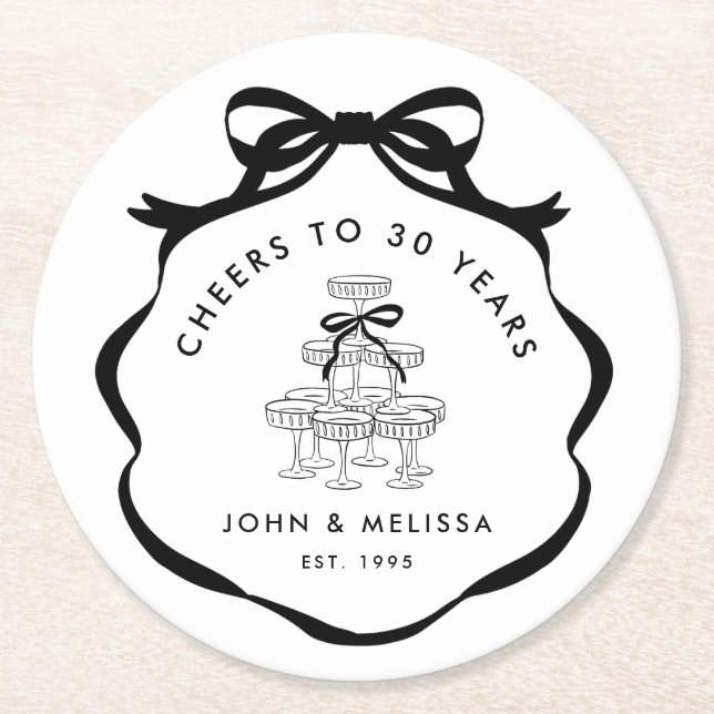 Black Coquette Bow Cheers Champagne Tower Runder Pappuntersetzer (Vorderseite)