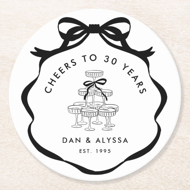 Black Coquette Bow Cheers Champagner Tower Runder Pappuntersetzer (Vorderseite)