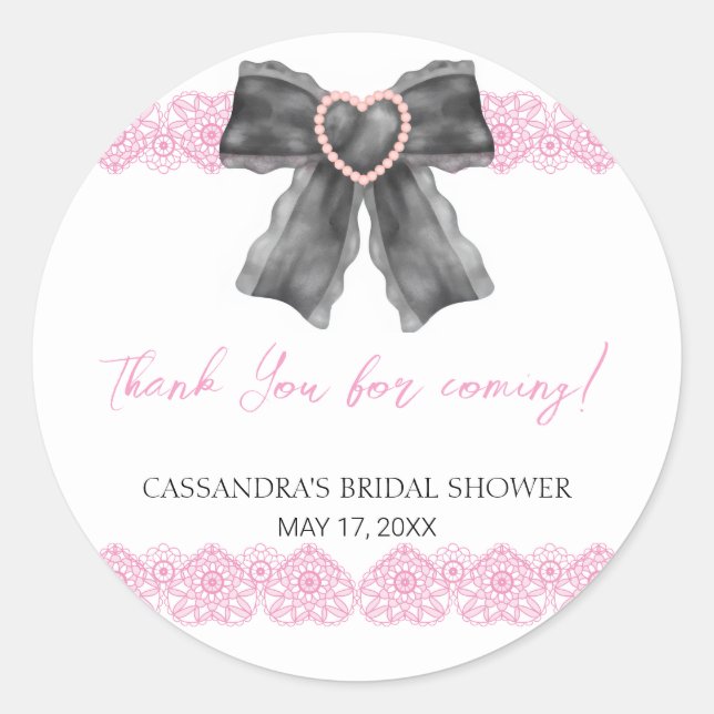Black Coquette Bow Pink Lace Brautparty Danke Runder Aufkleber (Vorderseite)