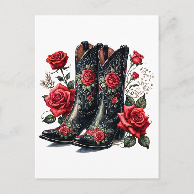 Black Cowboy Boots With Red Roses Postkarte (Vorderseite)