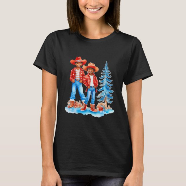 Black Cowboy Cowgirl Couple Winter Weihnachtslands T-Shirt (Vorderseite)