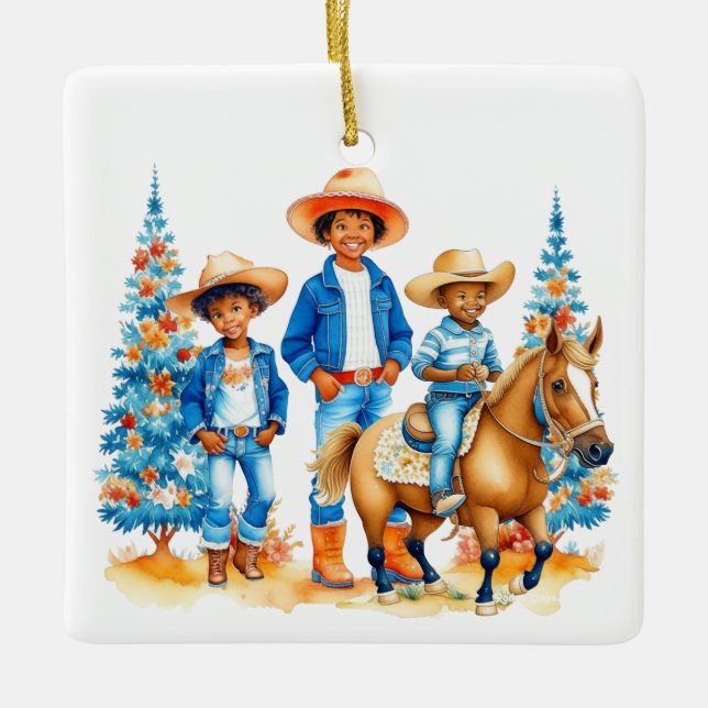 Black Cowboy Cowgirl Kinder mit Pferdeweih Keramikornament (Vorderseite)