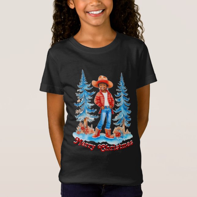 Black Cowgirl Winter Szene Frohe Weihnachten T-Shirt (Vorderseite)