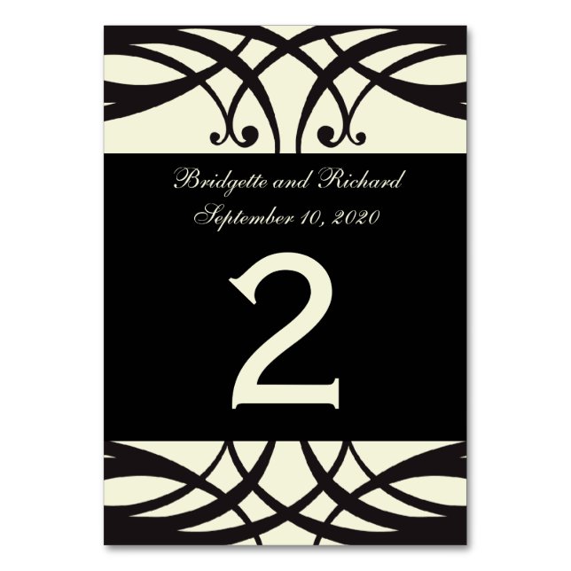 Black Cream Art Deco Hochzeit Tischnummer Cards (Vorderseite)