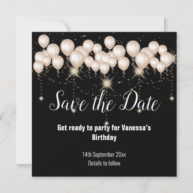 Black Cream Balloon Save the Date Card Ankündigung (Vorderseite)