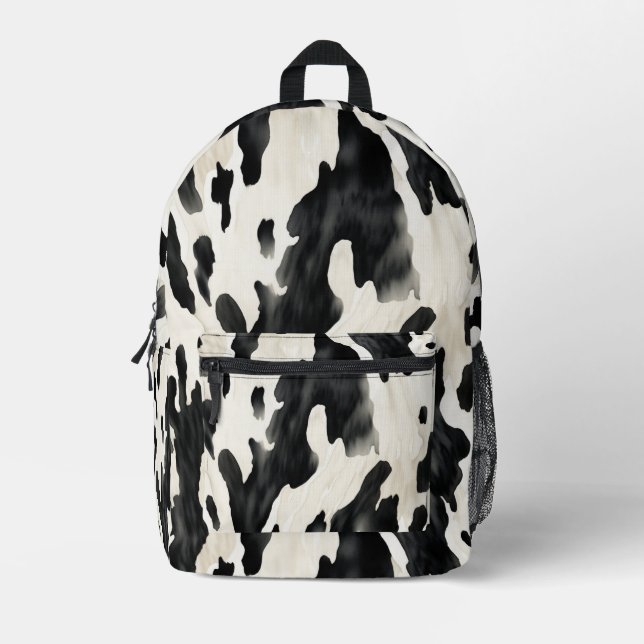 Black Cream Cow Animal Print Bedruckter Rucksack (Vorderseite)