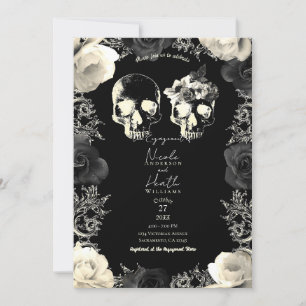 Black Cream Graue Skelettin Skull Engagement Party Einladung