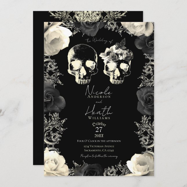 Black Cream Gray Skeleton Skull Gothic Wedding Einladung (Vorne/Hinten)