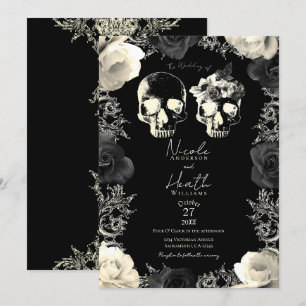 Black Cream Gray Skeleton Skull Gothic Wedding Einladung