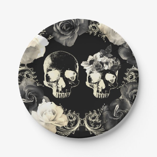 Black Cream Gray Skeleton Skull Gothic Wedding Pappteller (Vorderseite)