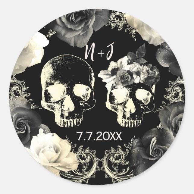 Black Cream Gray Skeleton Skull Gothic Wedding Runder Aufkleber (Vorderseite)