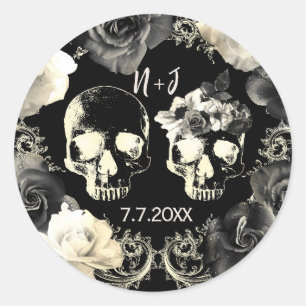 Black Cream Gray Skeleton Skull Gothic Wedding Runder Aufkleber