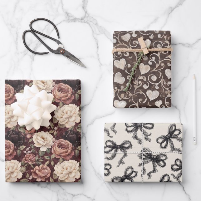 Black Cream Hearts Flowers Bows Birthday Geschenkpapier Set (Vorderseite)
