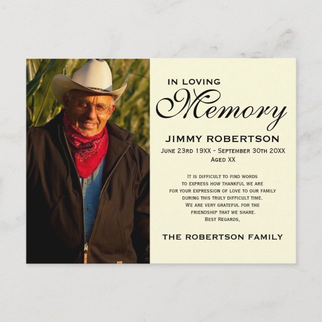 Black & Cream Memorial Family Acknowledbeschlag Postkarte (Vorderseite)