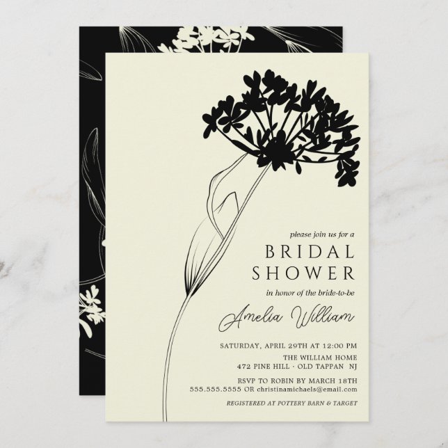 Black & Cream Modern Floral Brautparty Invitati Einladung (Vorne/Hinten)