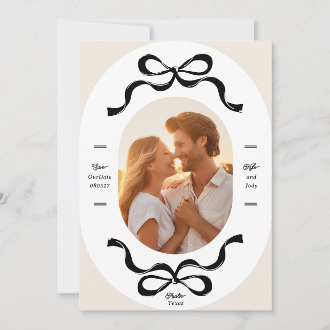 Black Cream RIBBONS & Bows Foto Hochzeit Save The Date (Vorderseite)