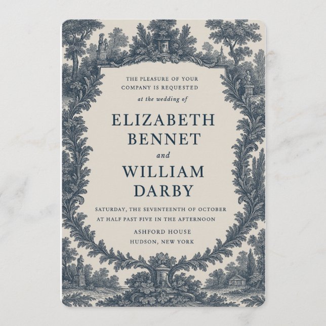 Black & Cream Toile Wedding Invitation – Old World Einladung (Vorderseite)