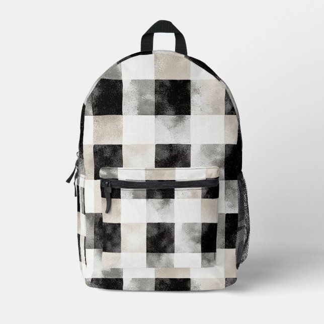 Black Cream White Plaid Stripes Bedruckter Rucksack (Vorderseite)