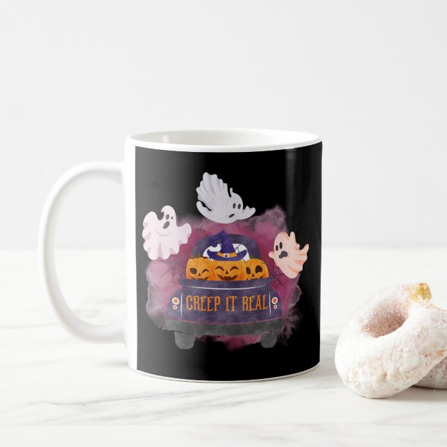 Black Creep It Real Pumpkin Ghost Halloween Kaffeetasse (Mit Donut)