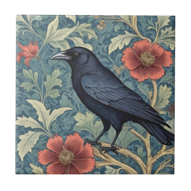 Black Crow Bird William Morris Stil Links Fliese (Vorderseite)