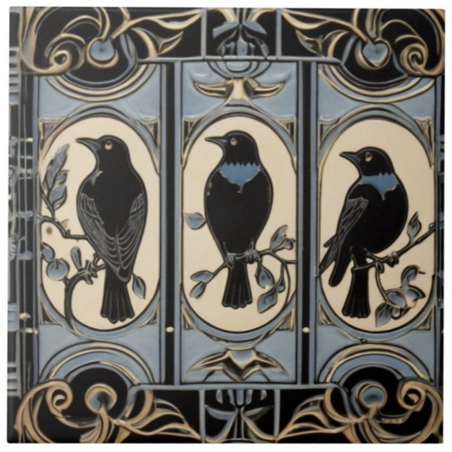 Black Crow Birds Art Nouveau Art Deco Bird Fliese (Black Crow Birds Art Nouveau Art Deco Bird Ceramic Tile)