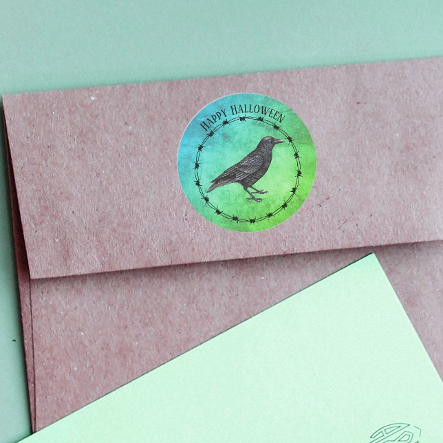 Black Crow Circle Black Barbed Wire Blue Green Runder Aufkleber (Black crow in circle of black barbed wire on shades of green and blue on Halloween stickers.)
