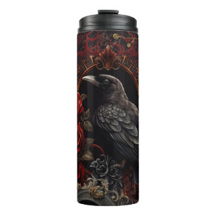 Black Crow Dark Gothic Beauty Rote Rosen Raven Bir Thermosbecher