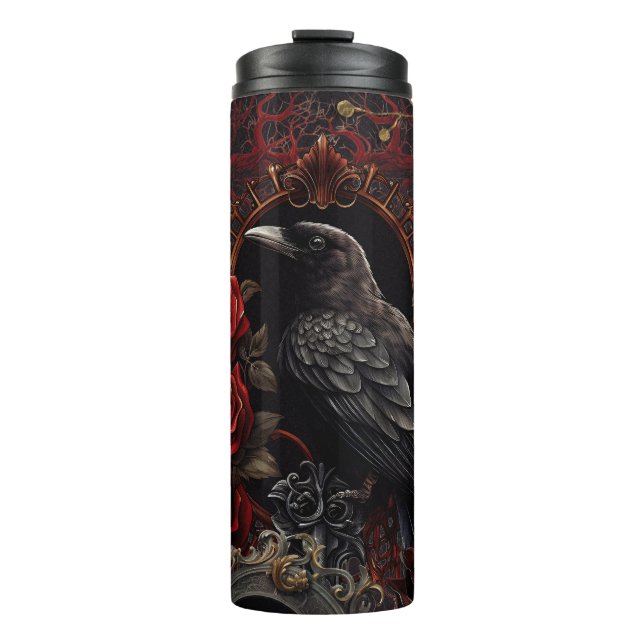 Black Crow Dark Gothic Beauty Rote Rosen Raven Bir Thermosbecher (Vorderseite)