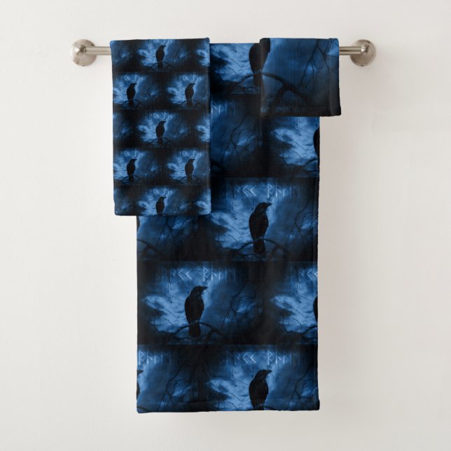 Black Crow mit Runen Dark Goth Style Badhandtuch Set (Insitu)