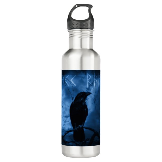 Black Crow mit Runen Dark Goth Style Edelstahlflasche (Vorderseite)