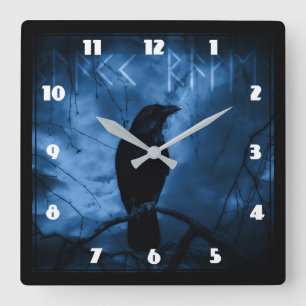 Black Crow mit Runen Dark Goth Style Quadratische Wanduhr