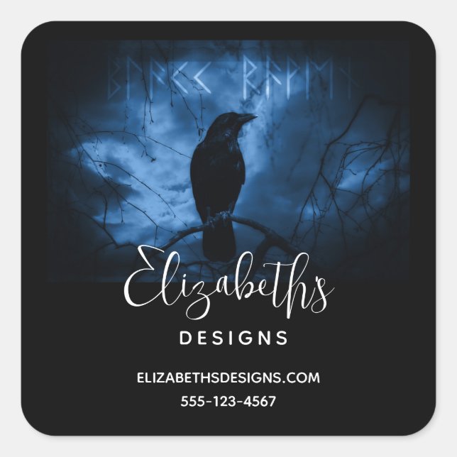 Black Crow mit Runes Dark Goth Style Business Quadratischer Aufkleber (Vorderseite)