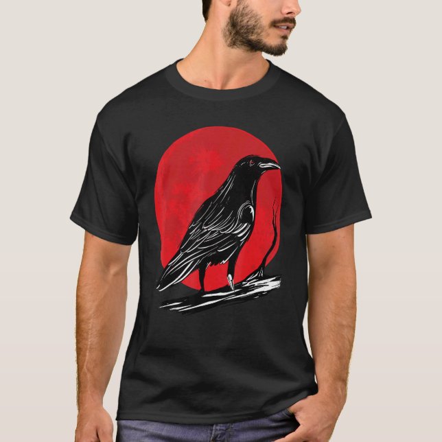 Black Crow Occult Japan Gothic Raven Bird Red Moon T-Shirt (Vorderseite)
