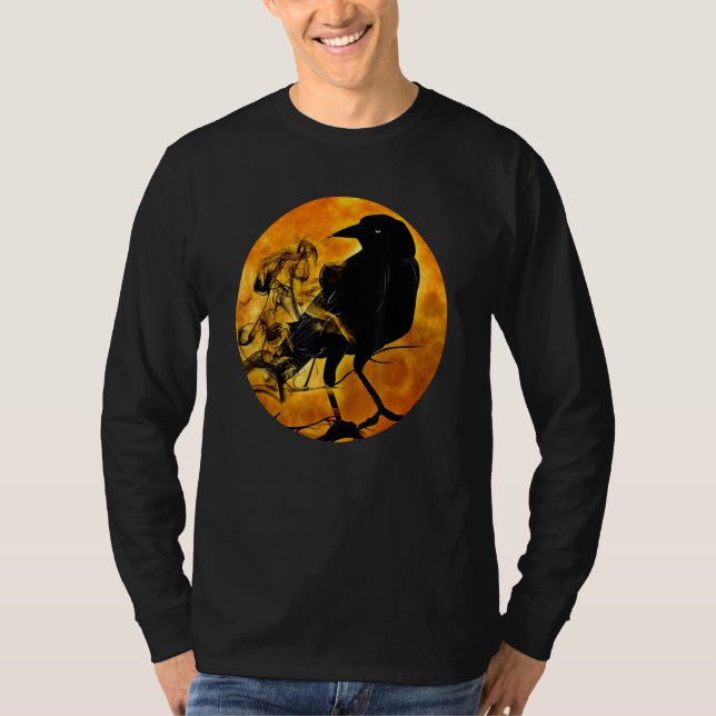 Black Crow Raven Bird & Specter Against Orange Ful T-Shirt (Vorderseite)