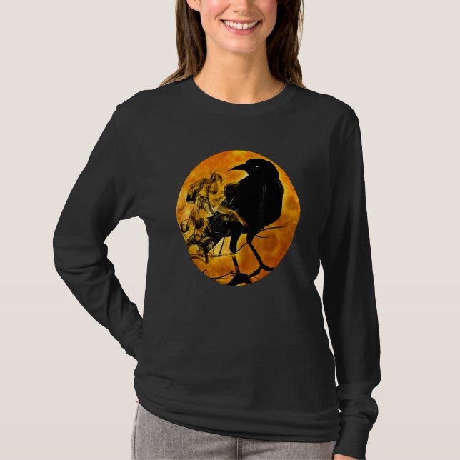 Black Crow Raven Bird & Specter Against Orange Ful T-Shirt (Vorderseite)