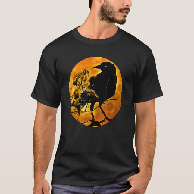 Black Crow Raven Bird & Specter Against Orange Ful T-Shirt (Vorderseite)