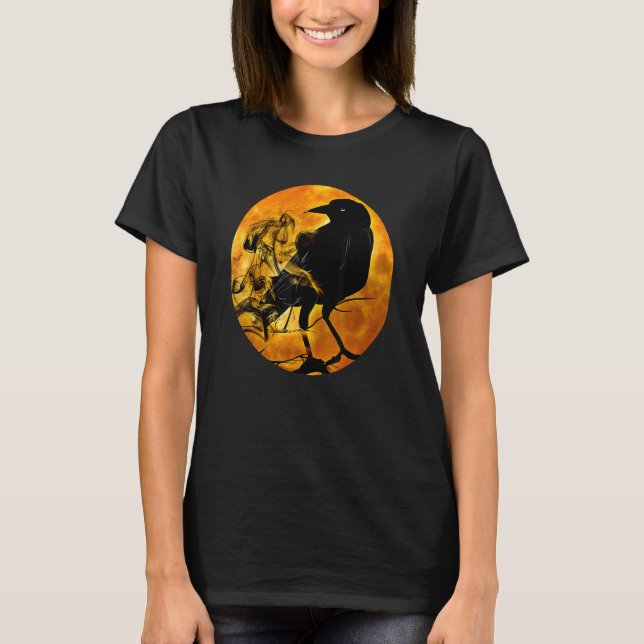 Black Crow Raven Bird & Specter Against Orange Ful T-Shirt (Vorderseite)