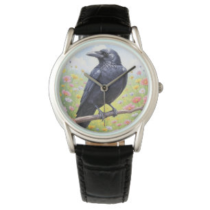 Black Crow Raven Floral Armbanduhr