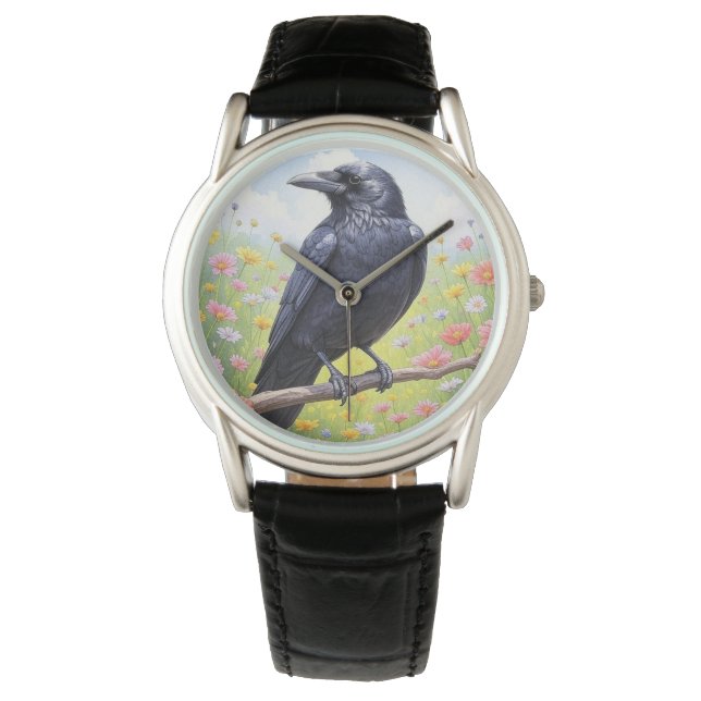Black Crow Raven Floral Armbanduhr (Vorderseite)